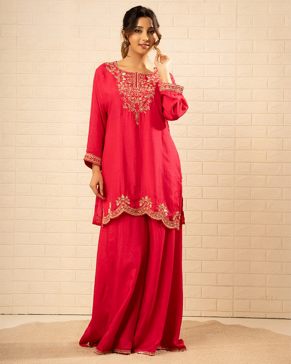 Gulnaar Crepe Rani Colour Sharara Set