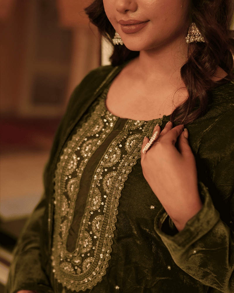 Lina Velvet Mehendi Green Kurta Set