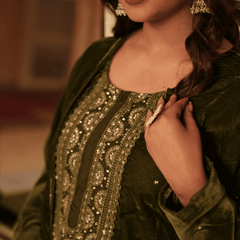 Lina Velvet Mehendi Green Kurta Set