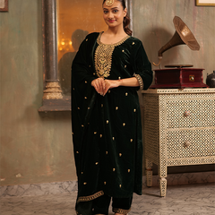Yasmin Velvet Bottle Green Kurta Set