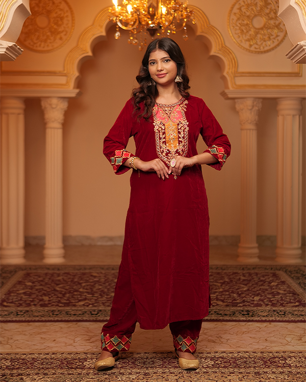 Aruna Velvet Maroon Kurta Set
