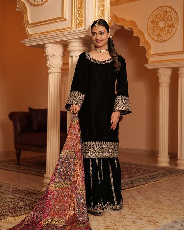 Alya Velvet Black Sharara Set