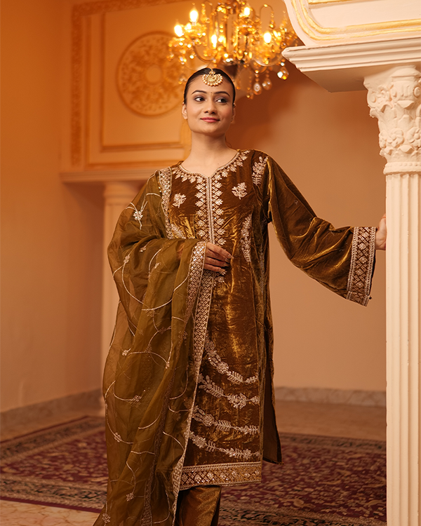 Safaa Velvet Mustard Kurta Set