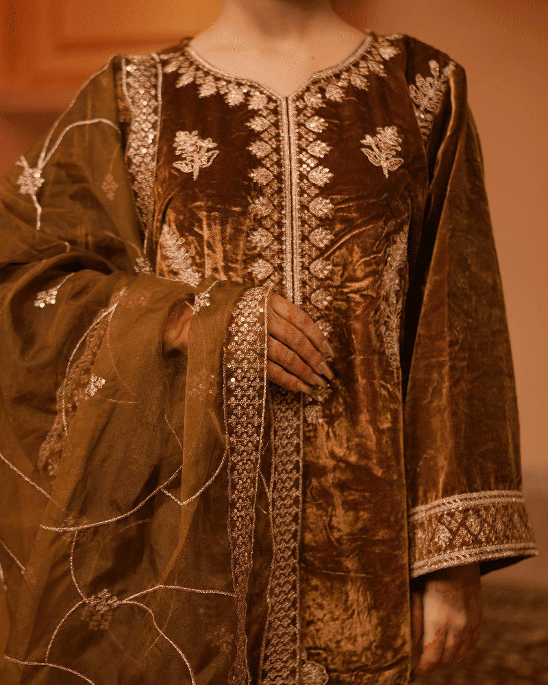 Safaa Velvet Mustard Kurta Set