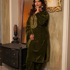 Lina Velvet Mehendi Green Kurta Set