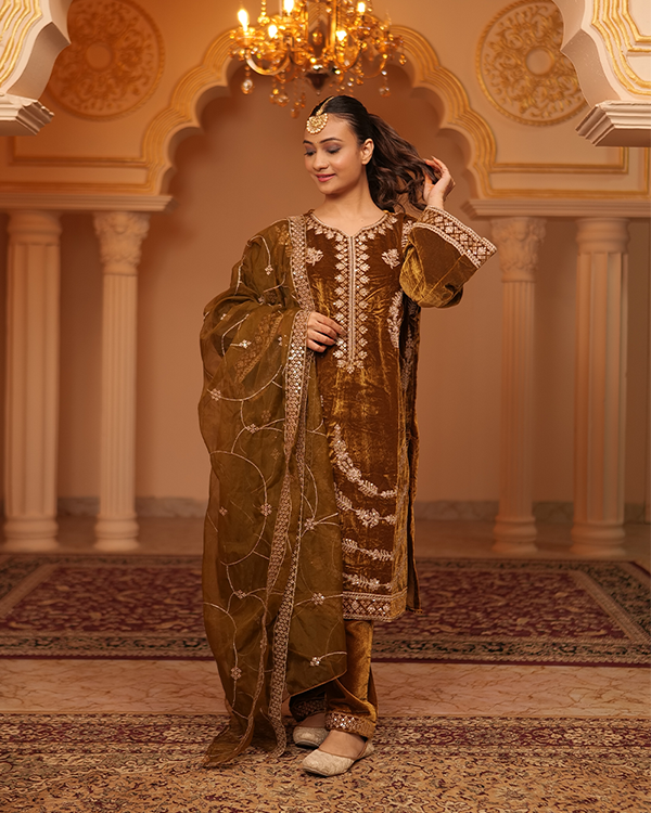 Safaa Velvet Mustard Kurta Set