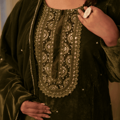Lina Velvet Mehendi Green Kurta Set