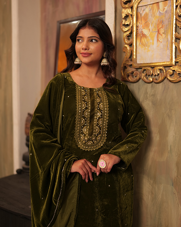 Lina Velvet Mehendi Green Kurta Set