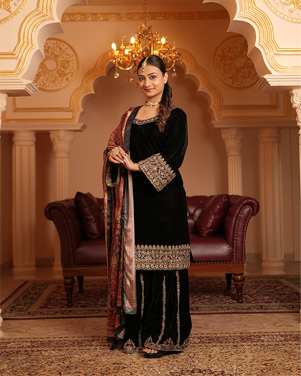 Alya Velvet Black Sharara Set