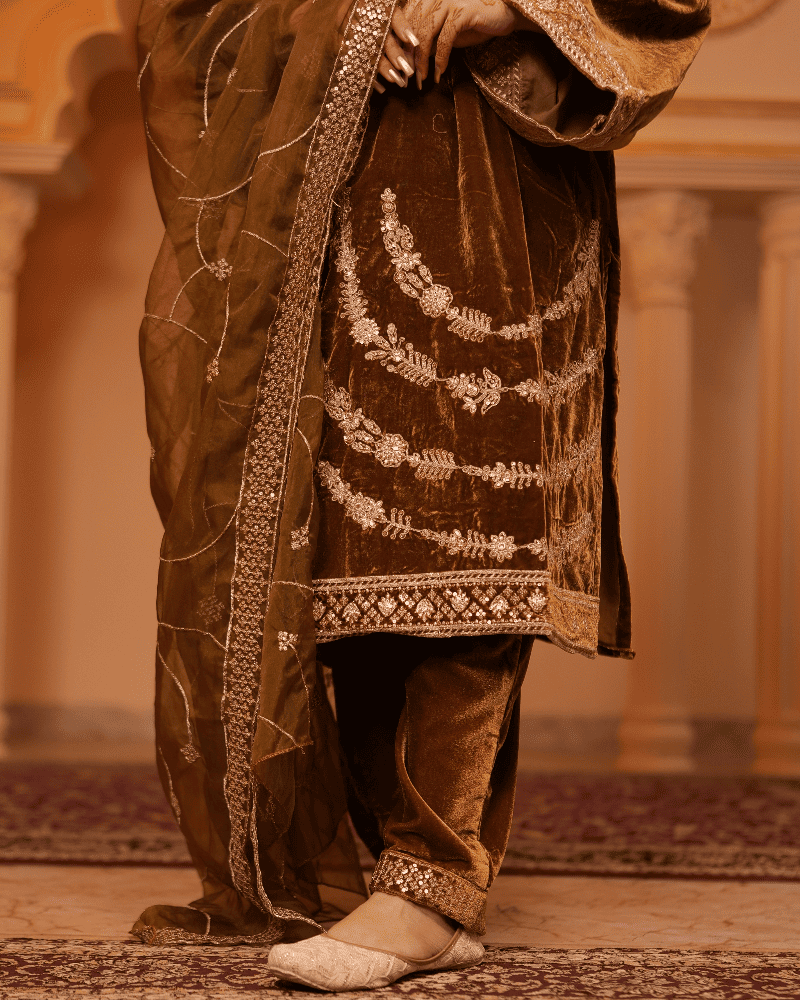Safaa Velvet Mustard Kurta Set