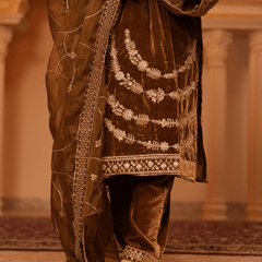 Safaa Velvet Mustard Kurta Set