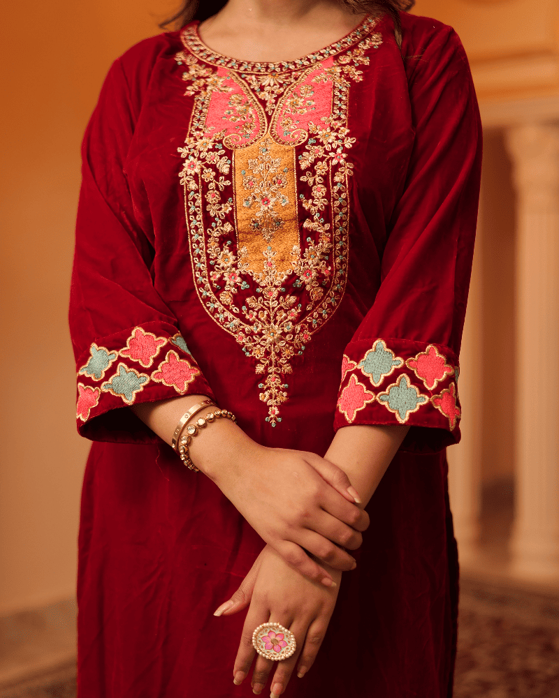 Aruna Velvet Maroon Kurta Set