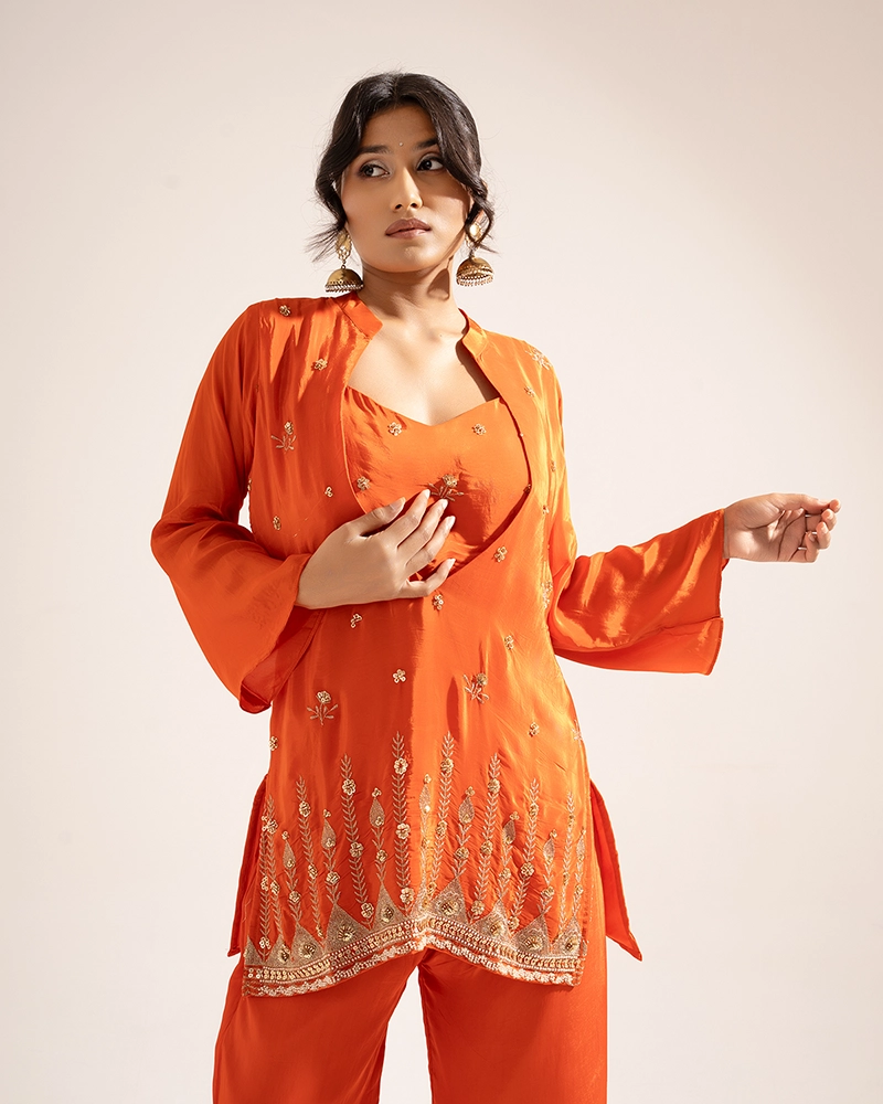 Noor Crepe Orange Indo-Western Set