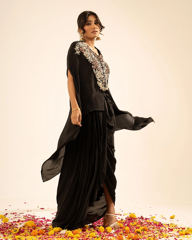 Afsana Crepe Black Drape Skirt Set