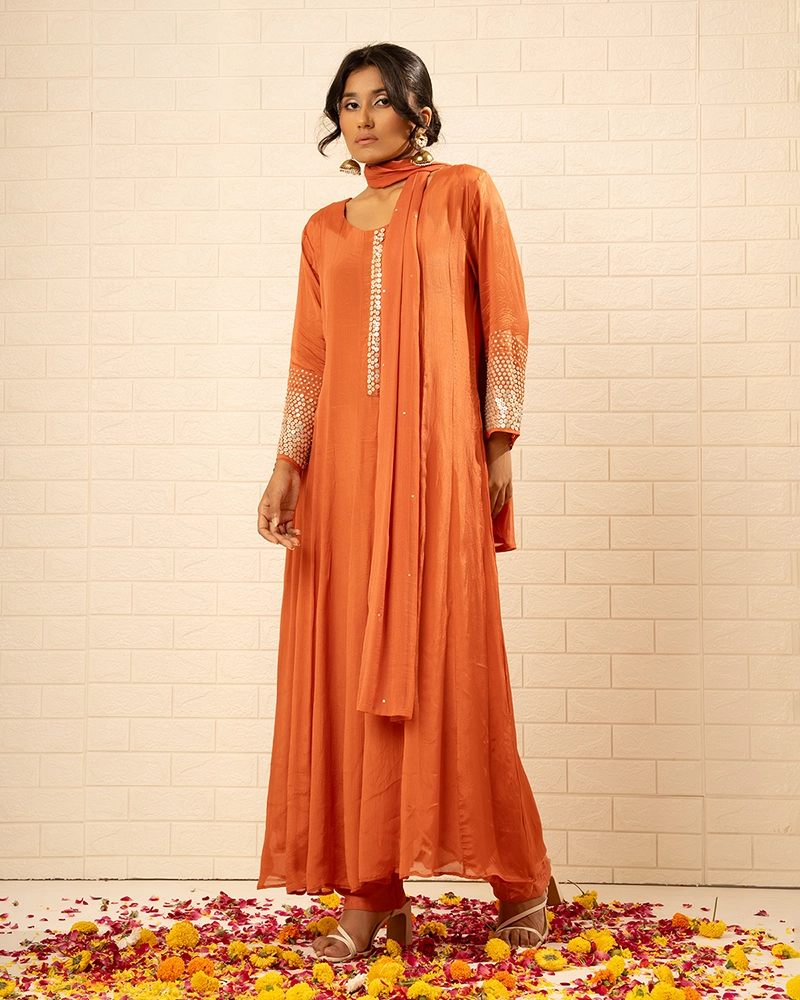 Bahaar Chinon Rust Anarkali Set