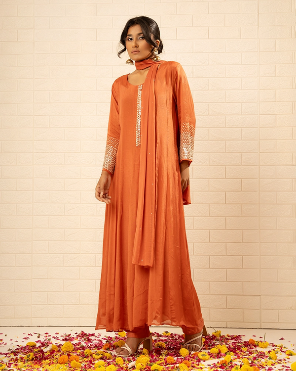 Bahaar Chinon Rust Anarkali Set