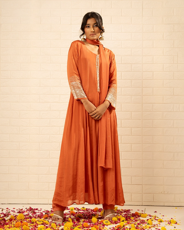 Bahaar Chinon Rust Anarkali Set