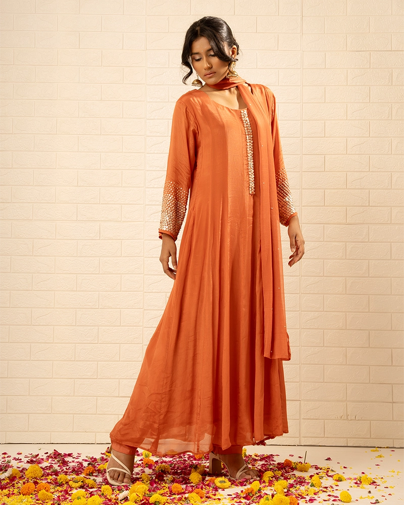 Bahaar Chinon Rust Anarkali Set