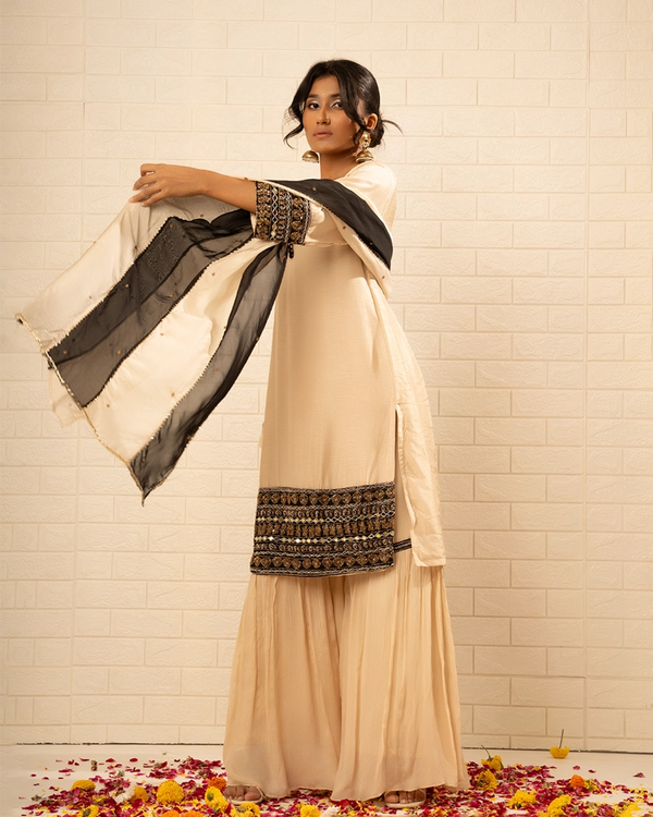 Sunehri Crape  Beige Sharara Set