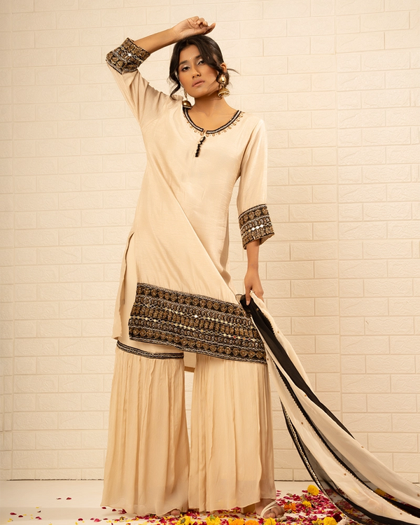 Sunehri Crape  Beige Sharara Set