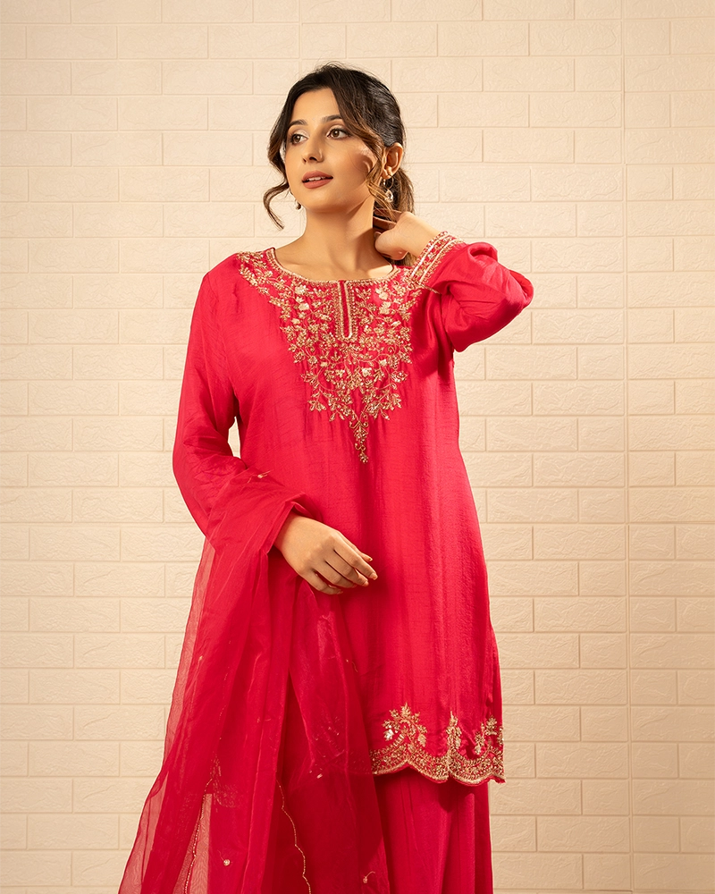 Gulnaar Crepe Rani Colour Sharara Set
