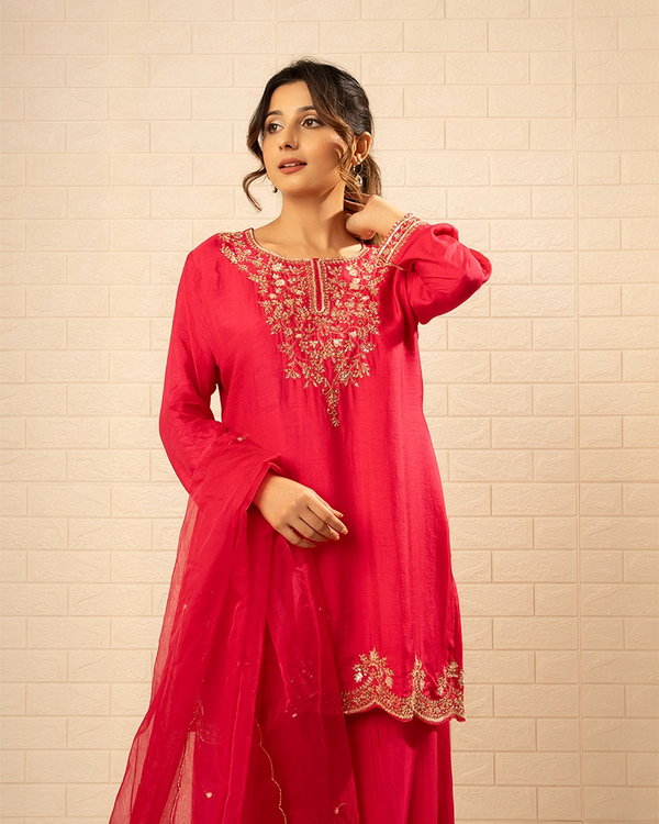 Gulnaar Crepe Rani Colour Sharara Set