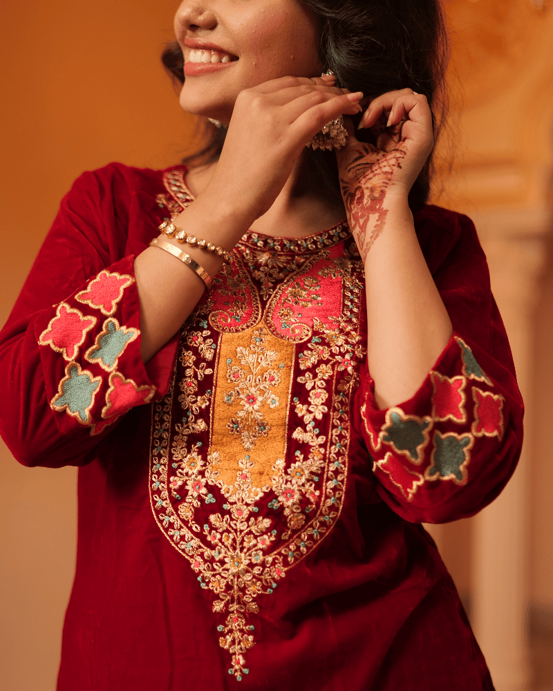 Aruna Velvet Maroon Kurta Set