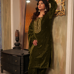 Lina Velvet Mehendi Green Kurta Set