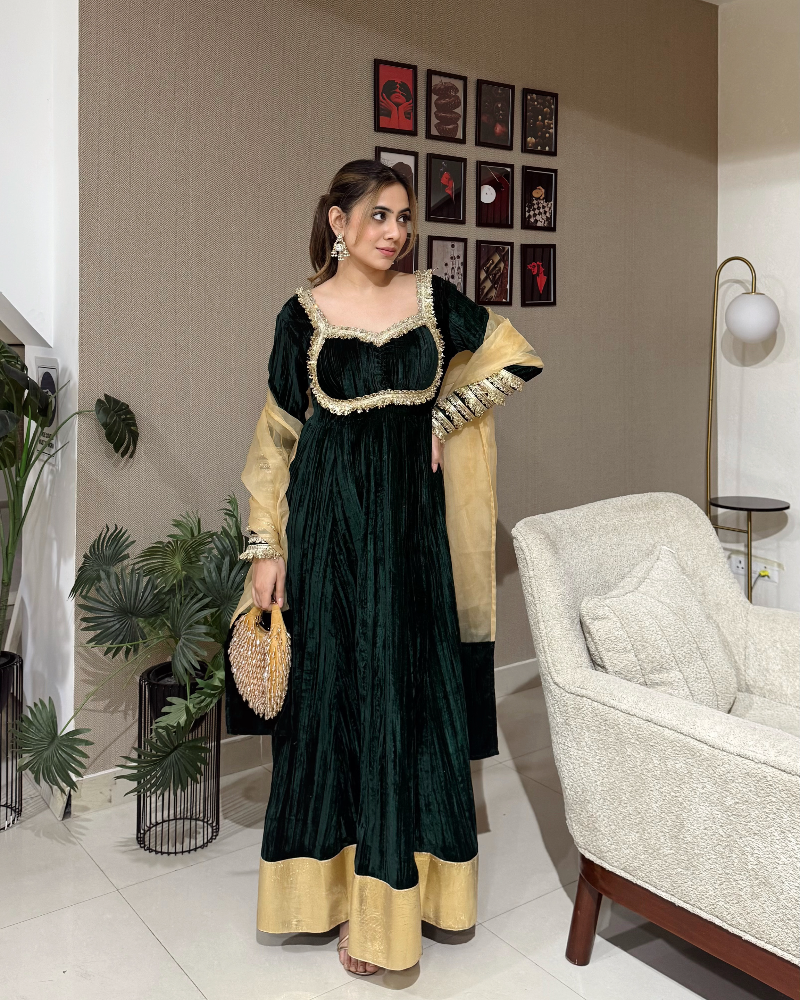 Adaa Velvet Bottle Green Anarkali Set
