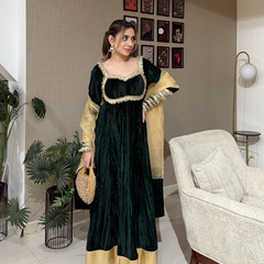 Adaa Velvet Bottle Green Anarkali Set