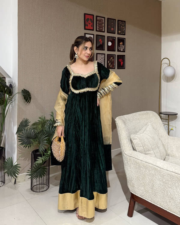 Adaa Velvet Bottle Green Anarkali Set