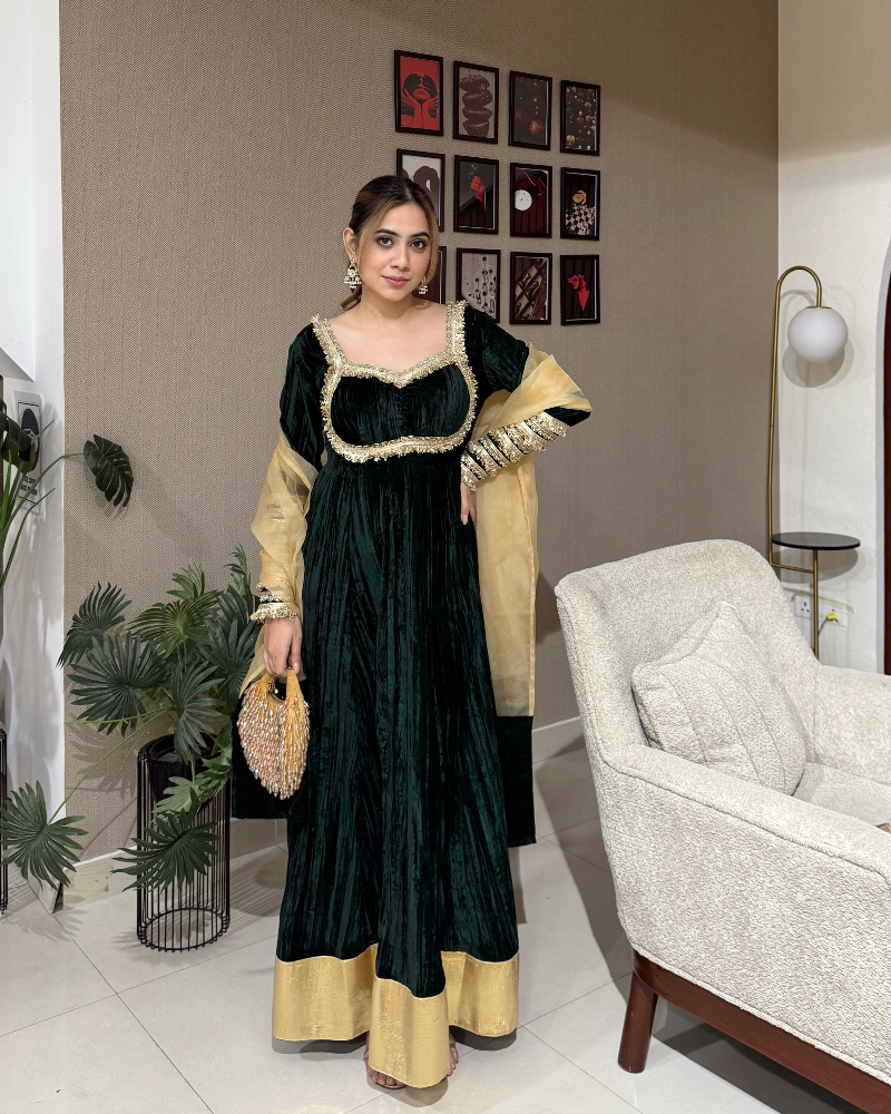 Adaa Velvet Bottle Green Anarkali Set