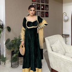 Adaa Velvet Bottle Green Anarkali Set