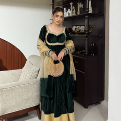 Adaa Velvet Bottle Green Anarkali Set