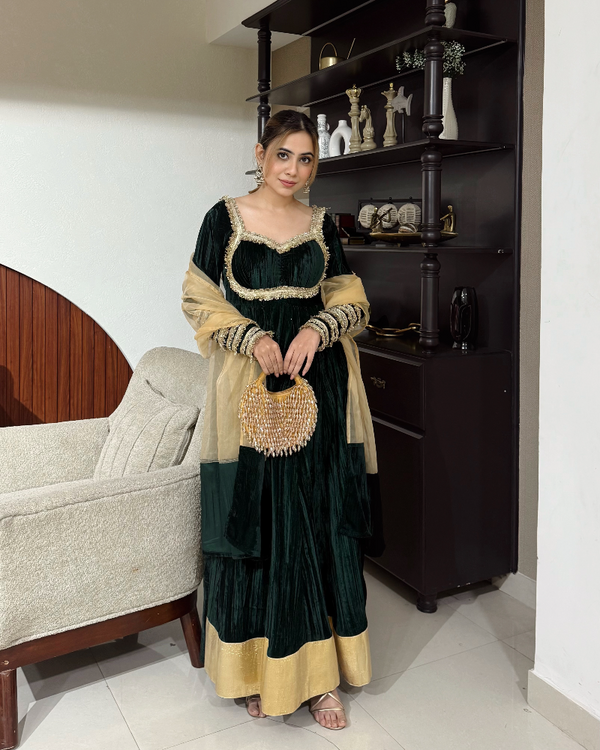 Adaa Velvet Bottle Green Anarkali Set