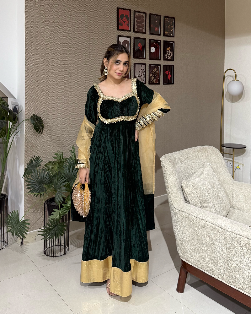 Adaa Velvet Bottle Green Anarkali Set