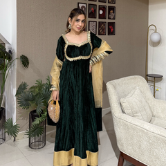 Adaa Velvet Bottle Green Anarkali Set