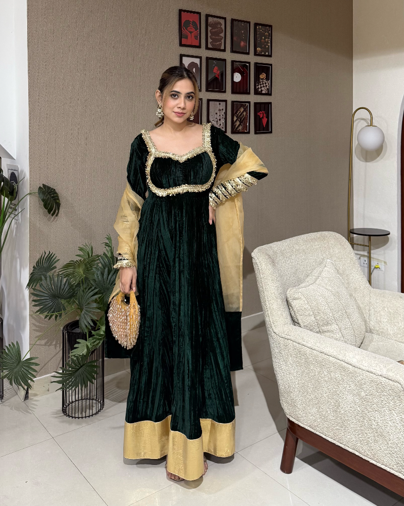 Adaa Velvet Bottle Green Anarkali Set