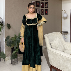 Adaa Velvet Bottle Green Anarkali Set